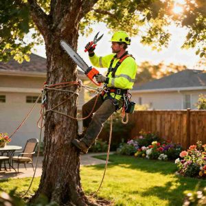 A professional arborist wearing a safety harness and helmet climbing a tall backyard tree while using pruning tools and rope systems, residential garden setting with sunlight, detailed outdoor environment.