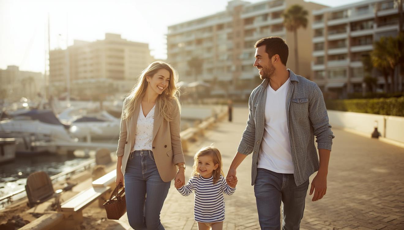 A family strolling along Puerto Banús marina on a warm, golden autumn morning.