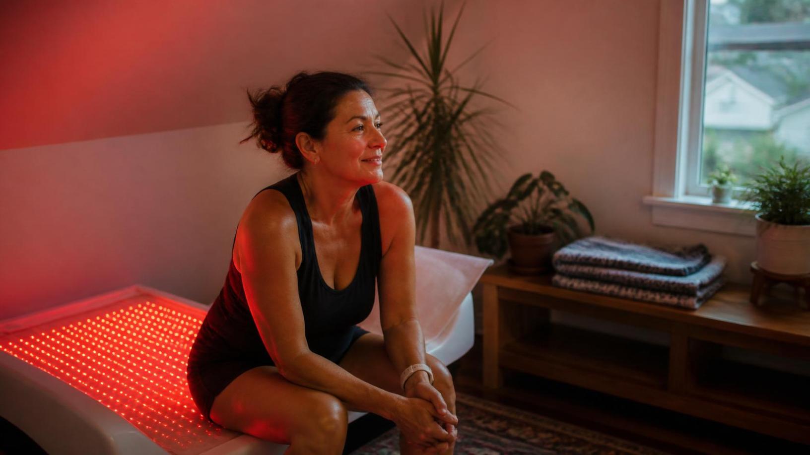 A relaxed mother enjoys quiet red light therapy time alone in a cozy home room.