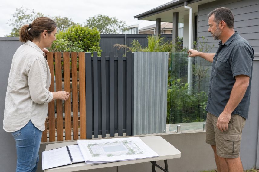 Homeowner and installer compare fence samples
