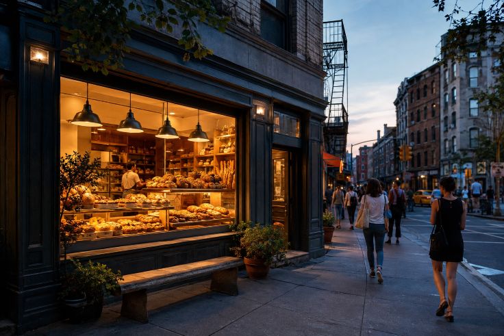 Warm Bakery Window at NYC Dusk